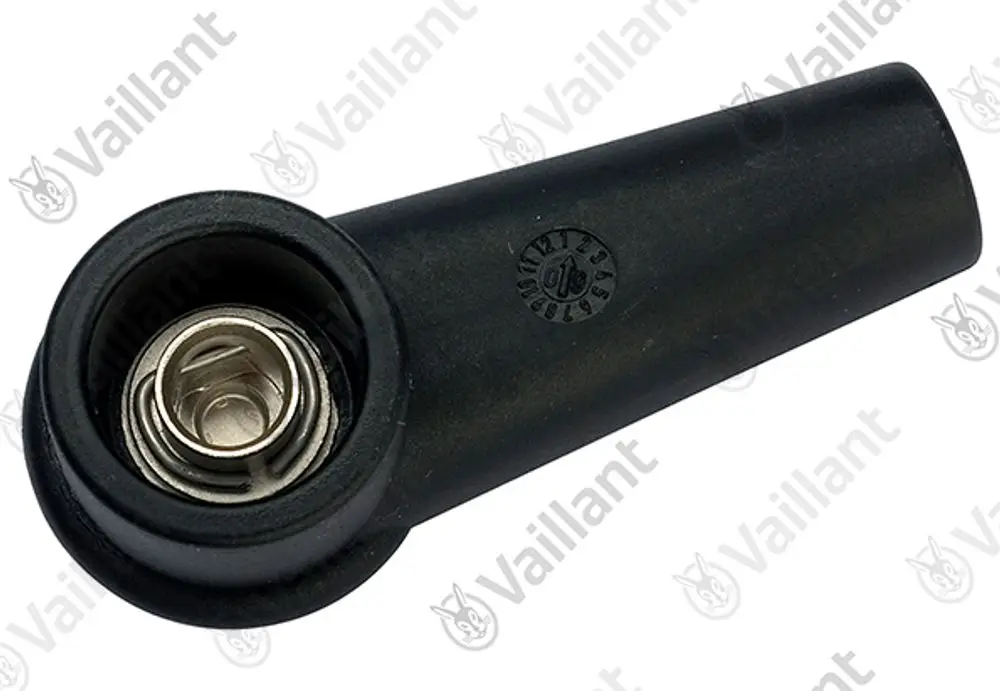 Vaillant Zündstecker in schwarzem Kunststoff mit metallischer Kontaktöffnung. Die Oberseite zeigt ein eingeprägtes Logo und Ziffern.